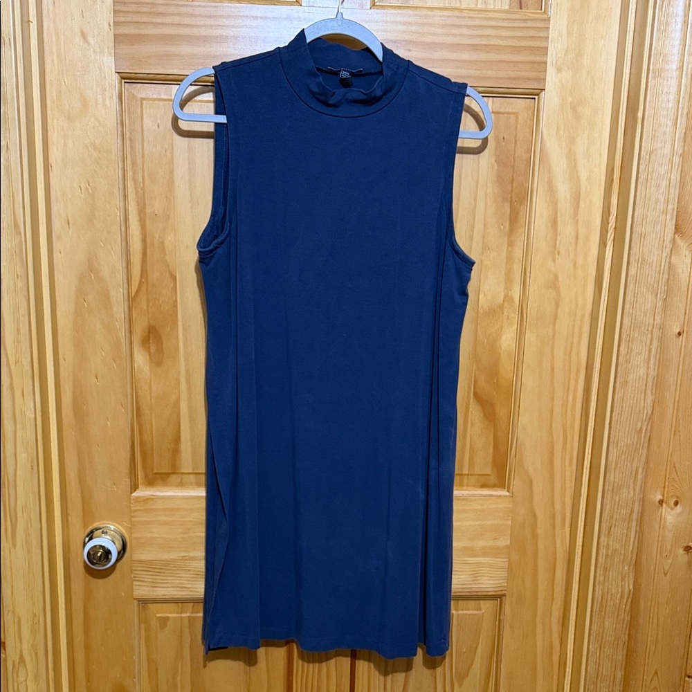 Eileen Fisher Sleeveless Blue Mock Neck Tunic with High Slits, Size Medium.